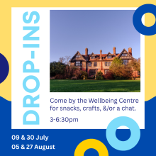 Picture of Thorneycreek house with title "Drop-Ins" and caption saying "come by the wellbeing centre for snacks, crafts, &/or a chat. 3-6:30pm"